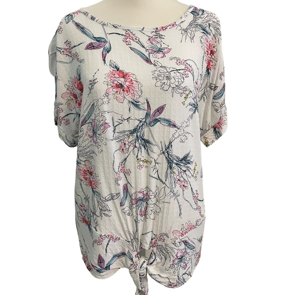 Buffalo David Bitton White Floral Tie Front Short Sleeve Blouse Size XS